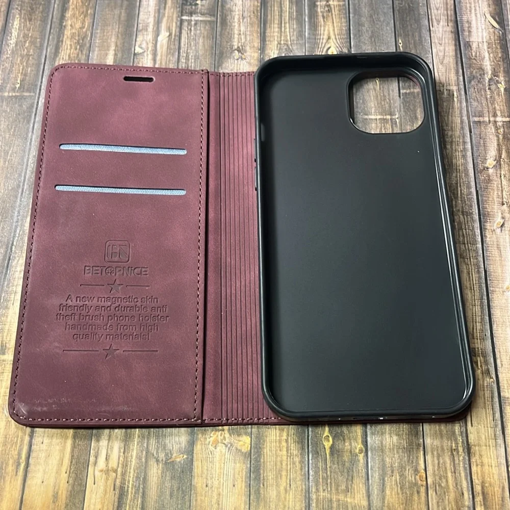 5for$10 Burgundy iPhone 15 Plus Leather Phone Case Card Holder Magnetic Case NWT